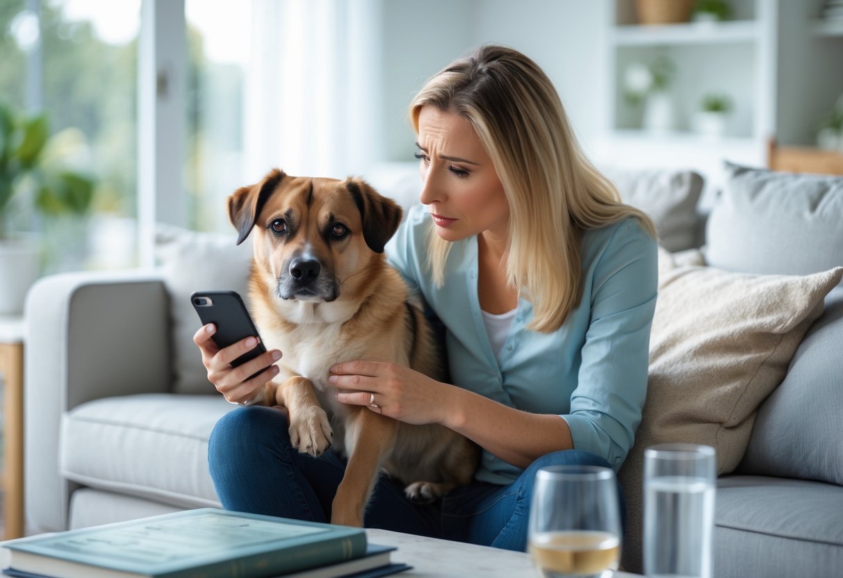 A woman sitting on a couch holding her dog and looking concerned while using a smartphone.