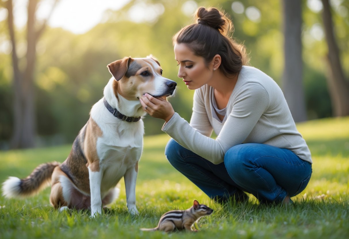 A person carefully checking their dog outdoors near a small chipmunk on the ground.