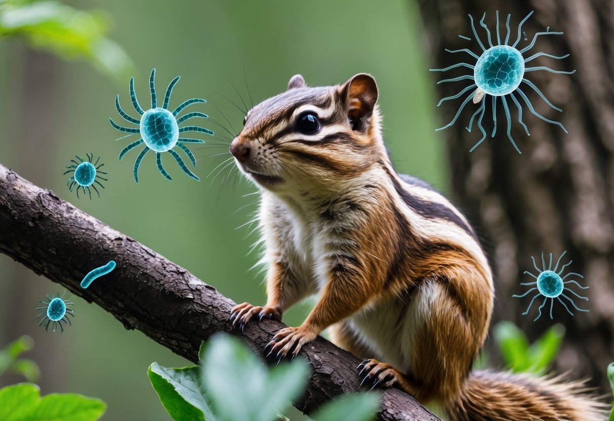A chipmunk sitting on a tree branch in a forest with illustrations of parasites like ticks and fleas nearby.