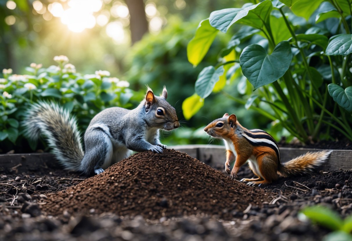 A squirrel and a chipmunk near a pile of coffee grounds scattered on soil in a garden.