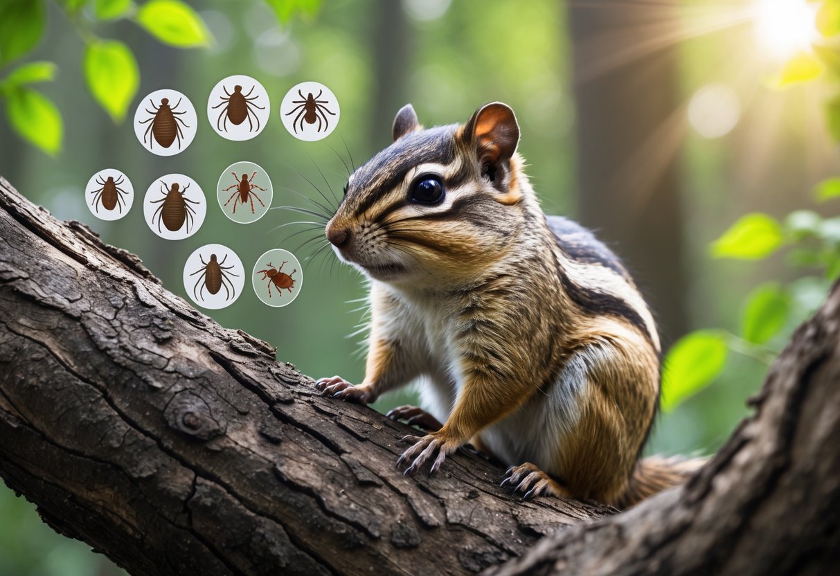 A close-up of a chipmunk on a tree branch in a forest with detailed illustrations of parasites like ticks, fleas, mites, and worms shown near its body.