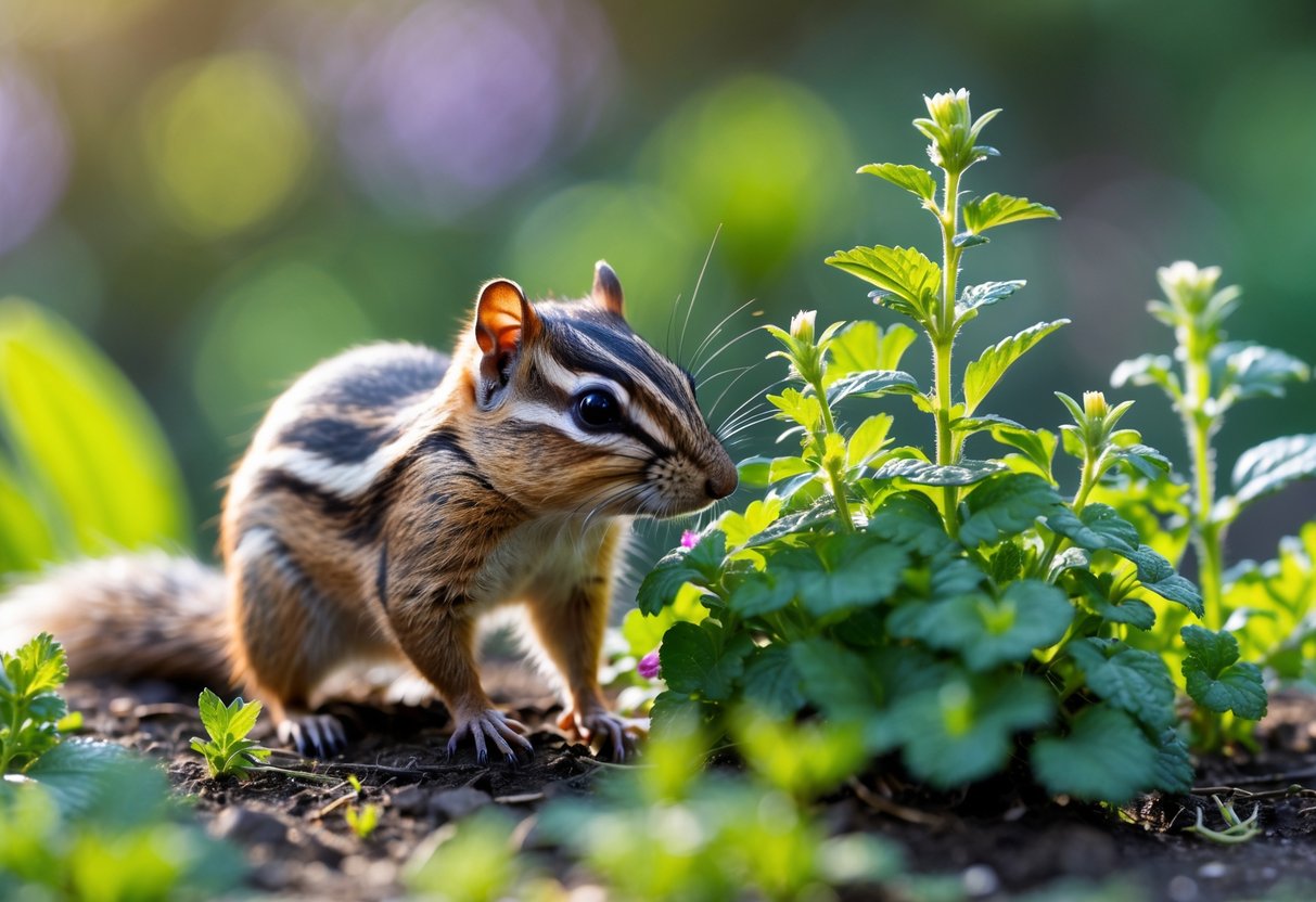 A chipmunk near green plants known to repel it in a sunlit garden.