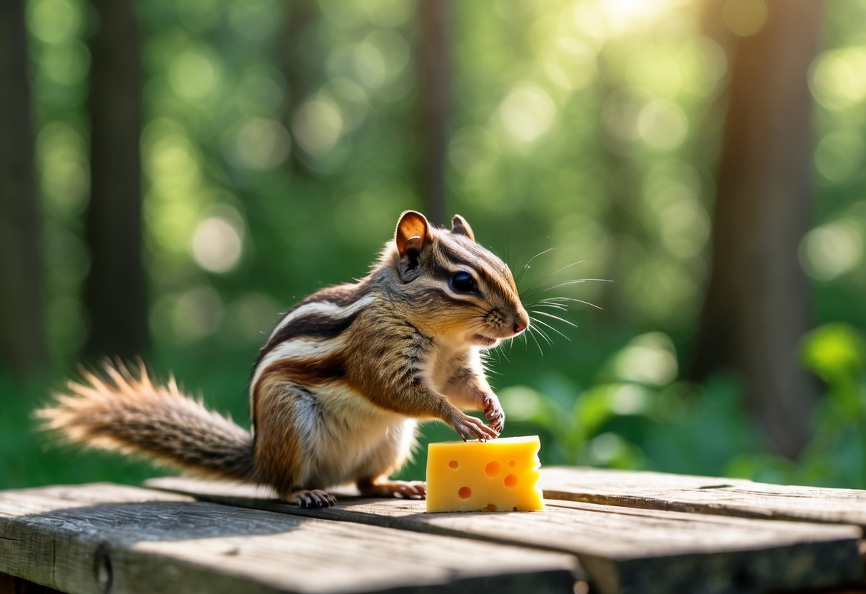 A chipmunk reaching toward a small piece of cheese on a wooden picnic table outdoors.