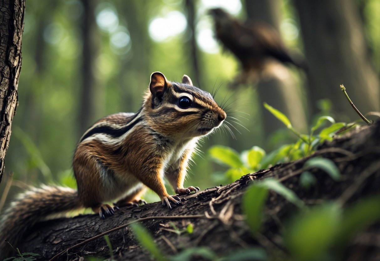 A chipmunk in a forest looking alert and cautious with a blurred predator silhouette in the background.