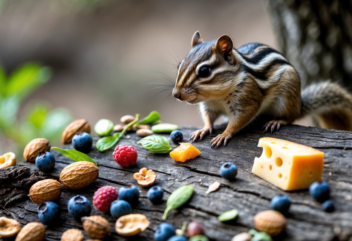 A chipmunk near a variety of nuts, seeds, berries, and a small piece of cheese outdoors.