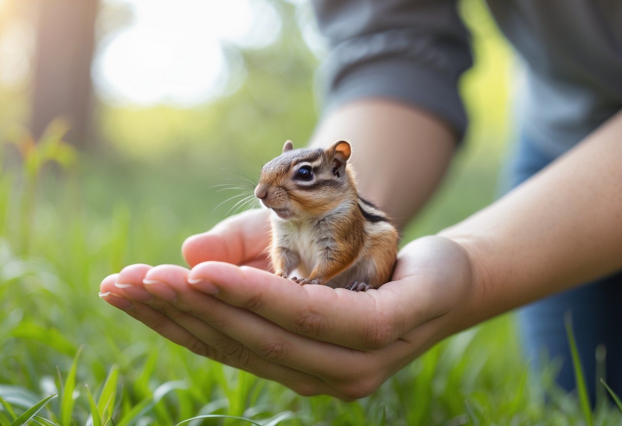A small chipmunk sitting on a person's open hand outdoors with greenery in the background.
