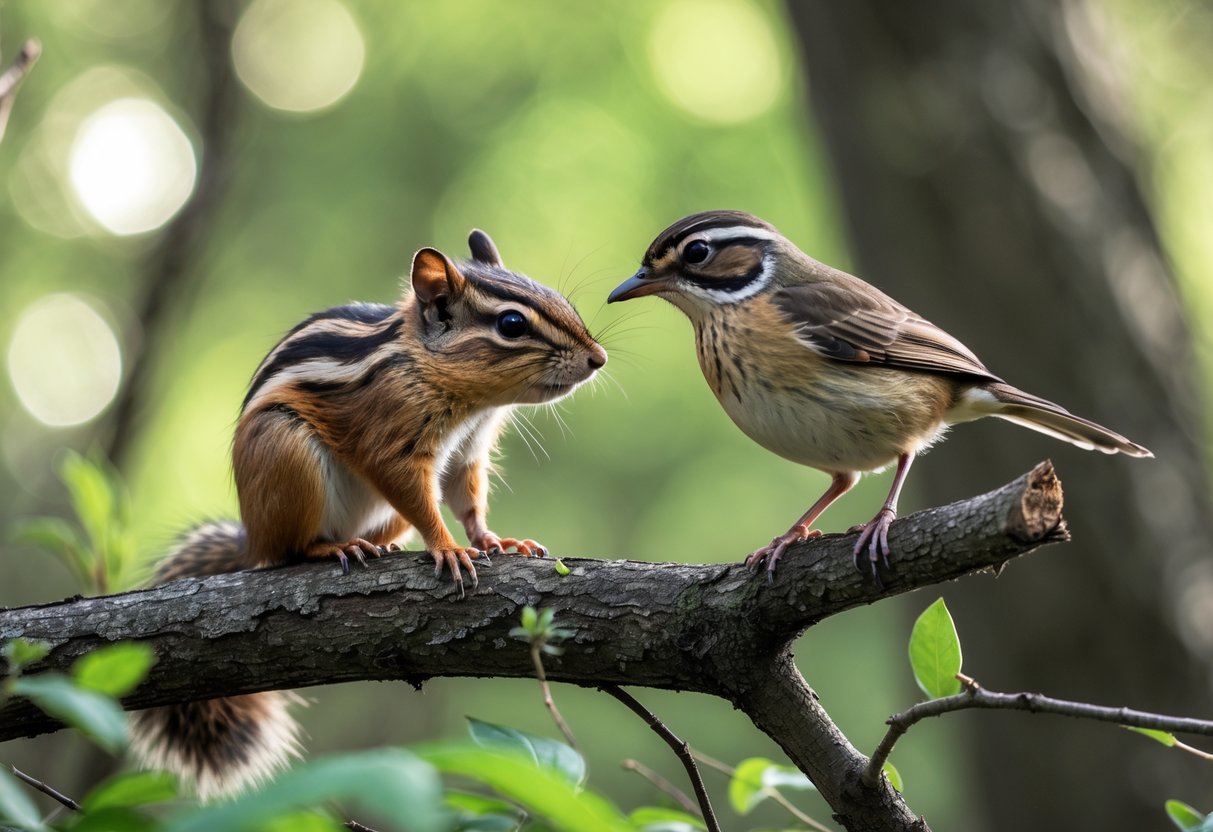 A chipmunk and a small bird are close to each other in a forest setting, both calmly observing their surroundings.