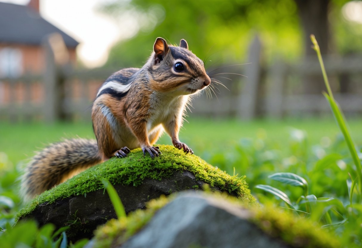 A chipmunk sitting on a mossy rock in a green park with a wooden fence and British-style buildings in the background.
