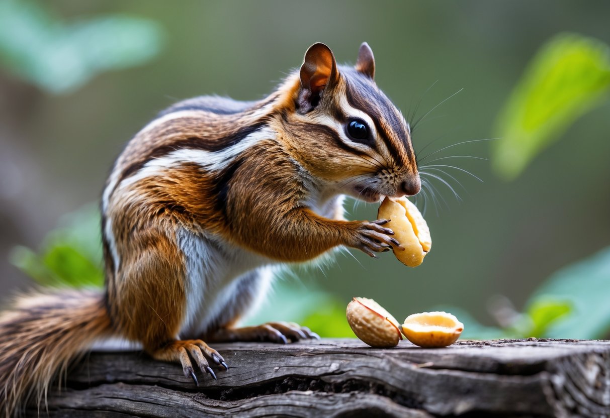 A chipmunk sitting outdoors nibbling on a small piece of food with green foliage in the background.