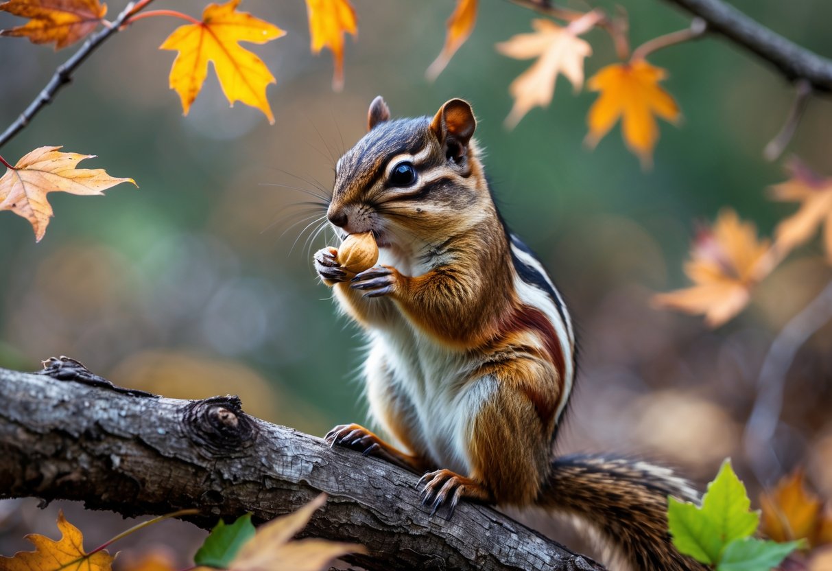 A chipmunk sitting on a tree branch eating a peanut in a forest setting.