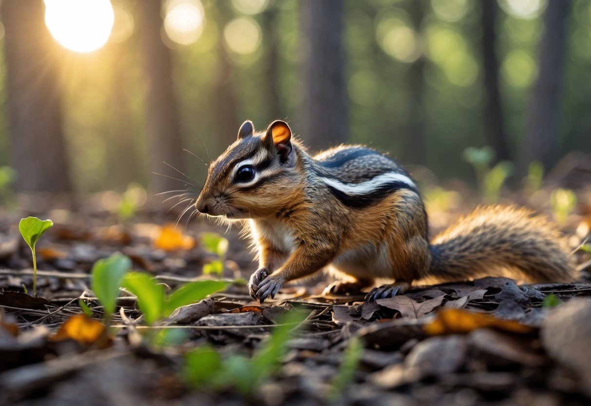 A chipmunk foraging on the forest floor in early morning light surrounded by trees and fallen leaves.