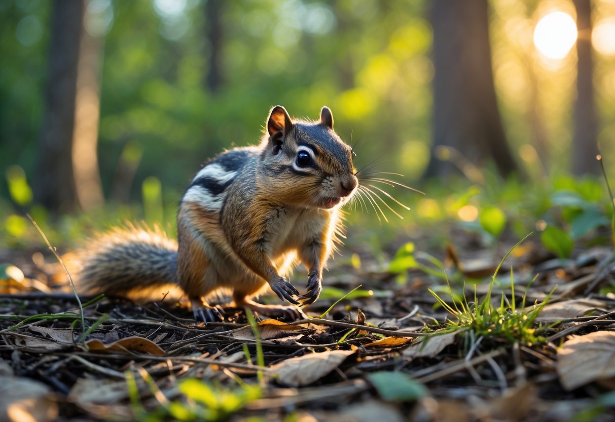 A chipmunk actively foraging on a forest floor with sunlight filtering through trees in the early morning.