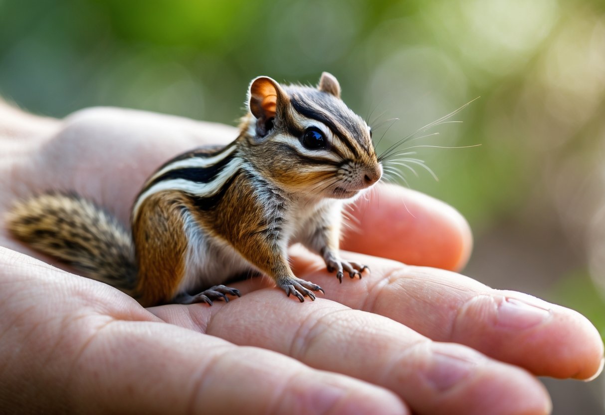 A person gently petting a calm chipmunk perched on their hand outdoors.