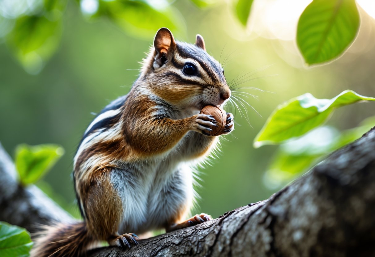 A chipmunk holding and nibbling on a nut while sitting on a tree branch in a forest.