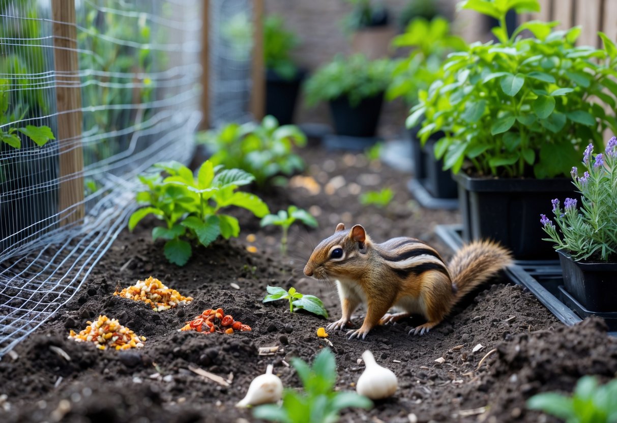 A garden with plants protected by wire mesh, natural repellents like chili peppers and garlic, and potted mint and lavender plants, with a chipmunk nearby but unable to reach the plants.