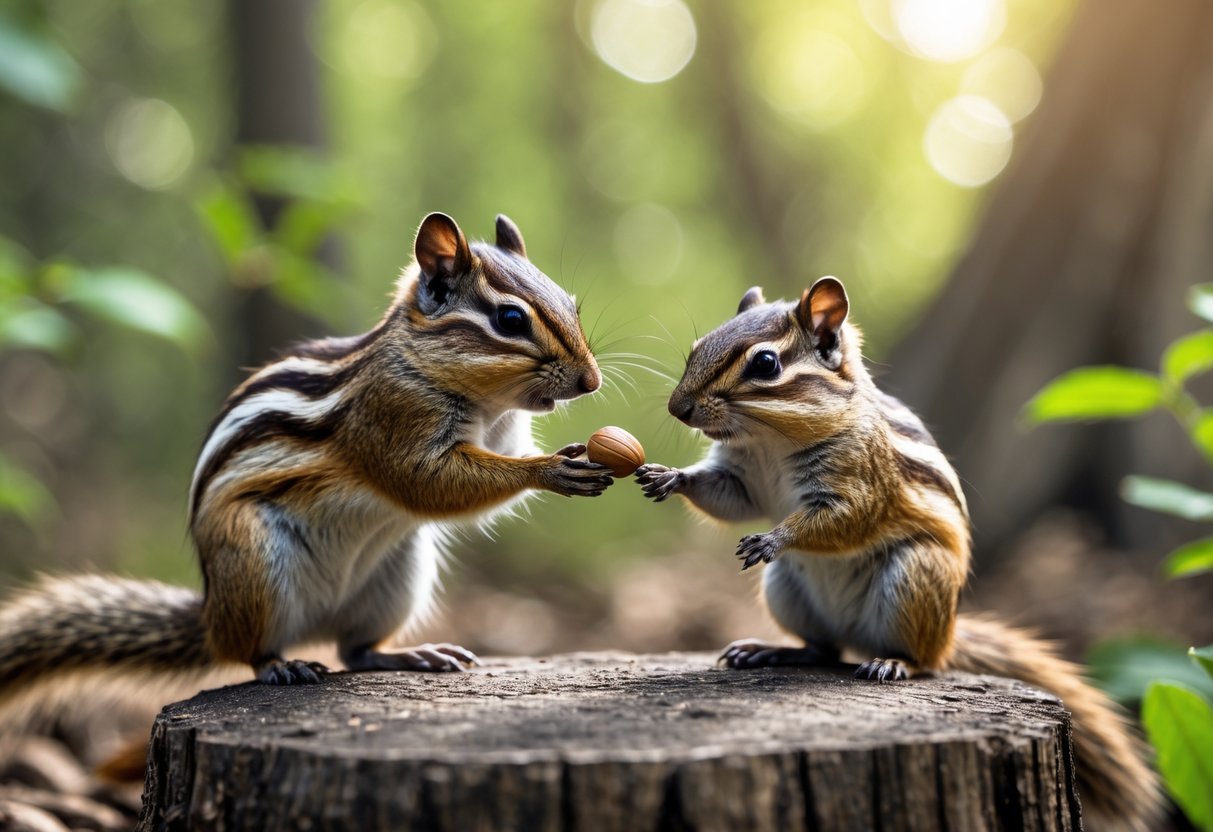 A person offering a nut to a chipmunk in a forest, with the chipmunk sitting on a tree stump and looking at the person.