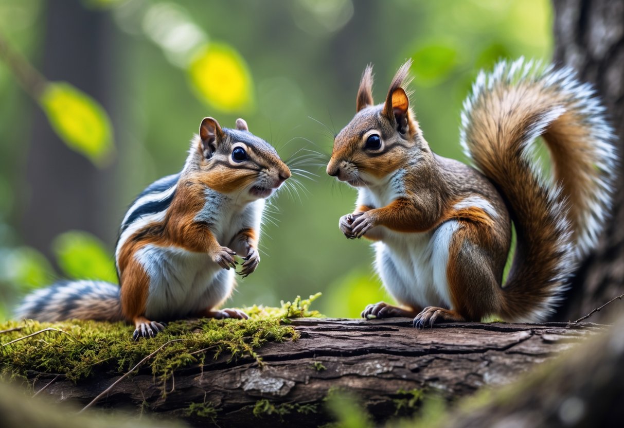 A chipmunk and a squirrel sitting close to each other in a forest setting.