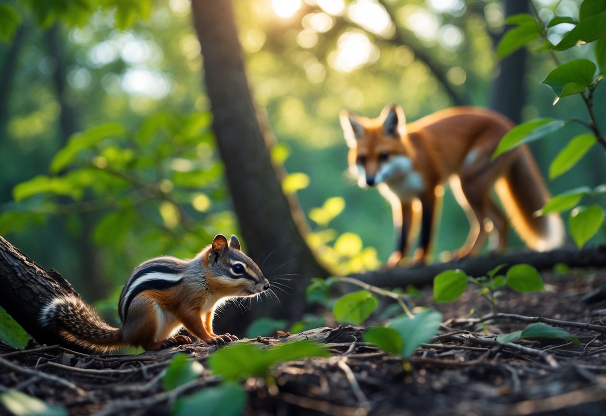 A chipmunk in a forest with a red fox nearby, showing a predator-prey interaction.