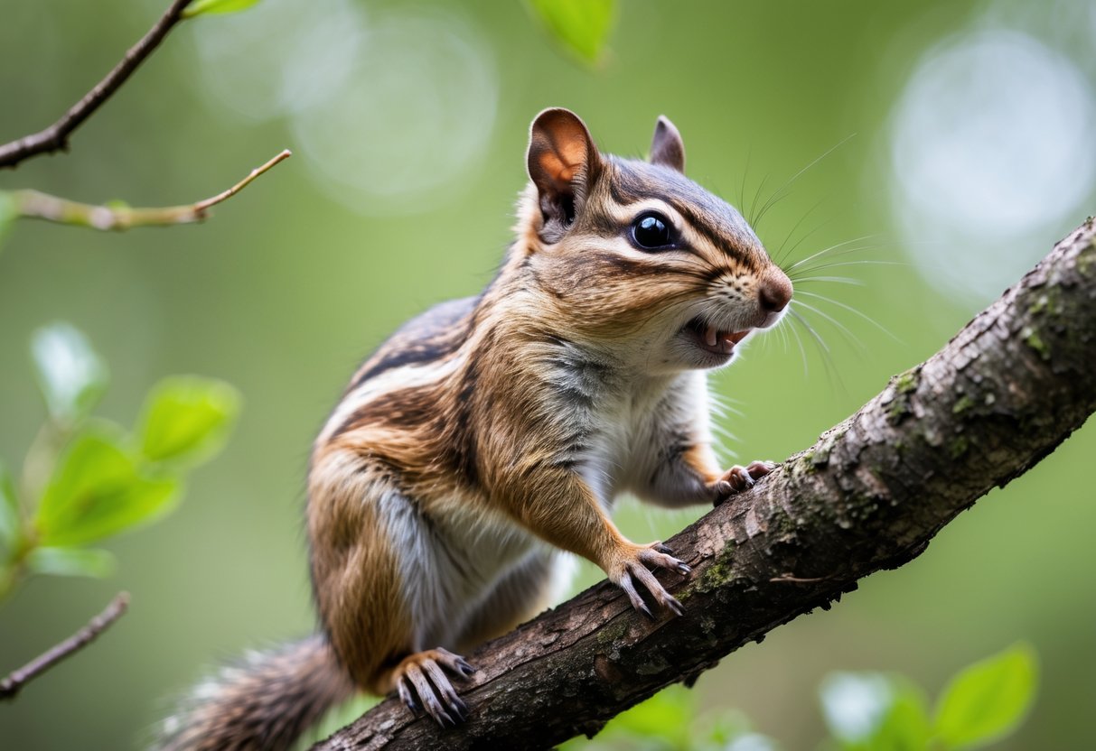 A chipmunk sitting on a tree branch in the forest with its mouth open as if making a sound.