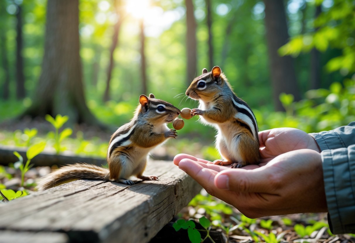 A person sitting on a bench in a forest gently offering a nut to a chipmunk perched on their finger.