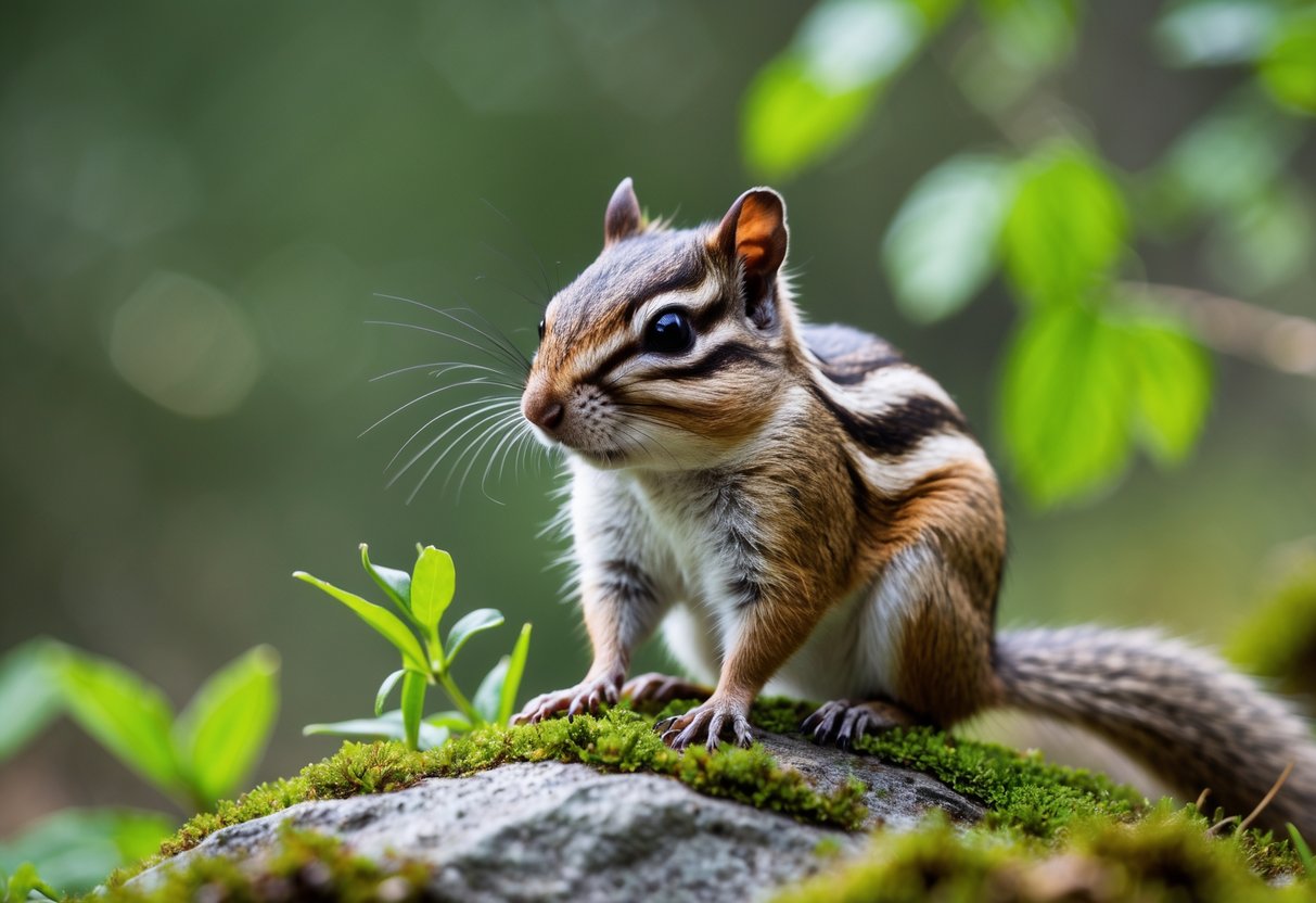 A chipmunk sitting on a mossy rock in a forest with green leaves around.