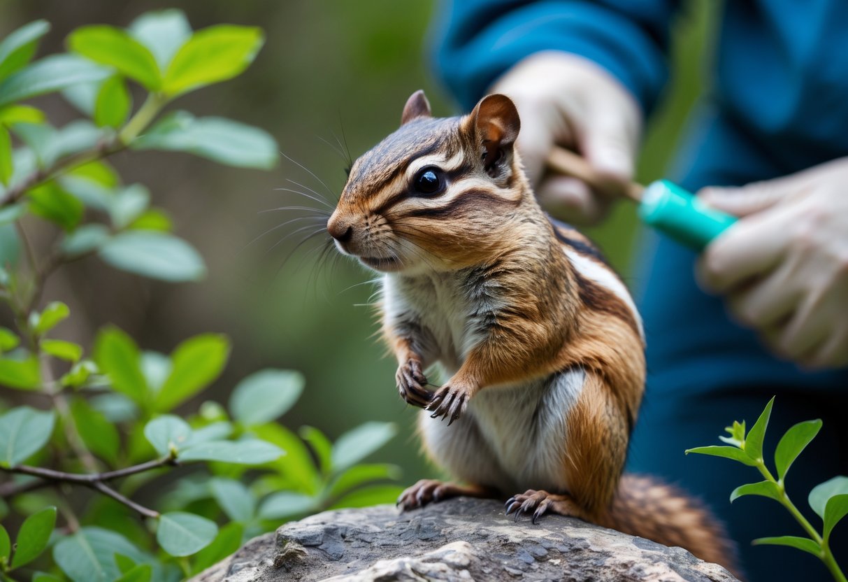 A chipmunk sitting on a rock in a forest with a person wearing gloves nearby, showing careful interaction with nature.