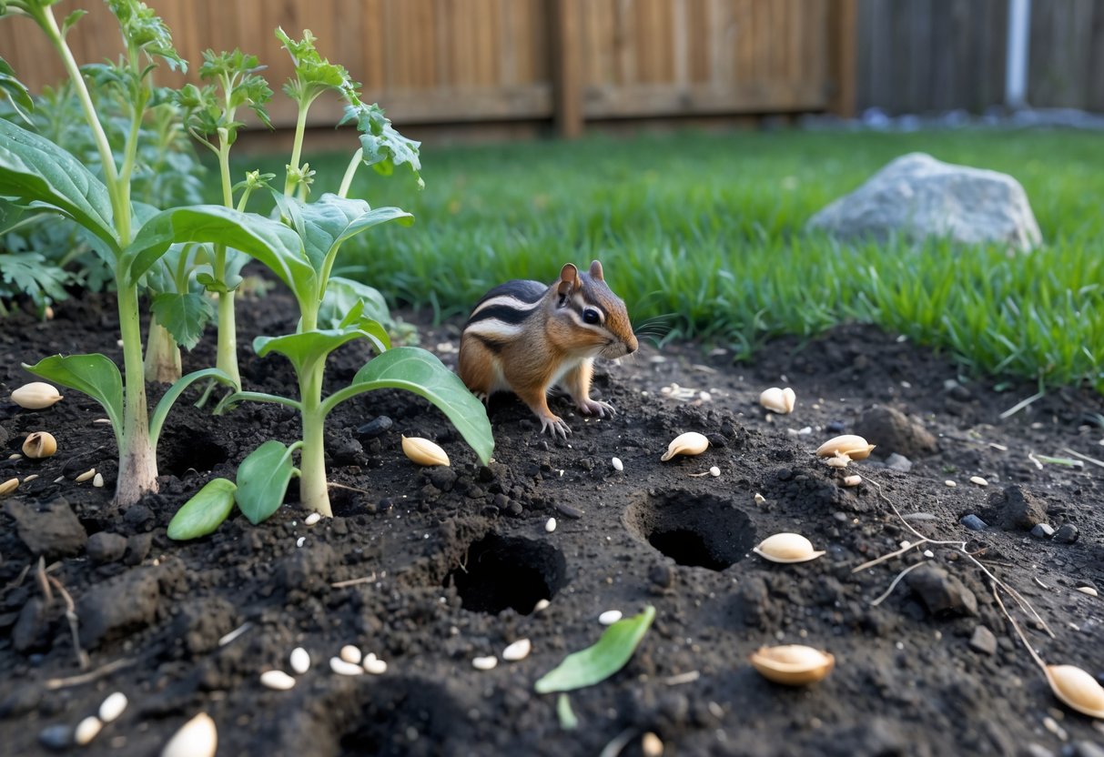 A chipmunk in a backyard garden near plants with nibbled leaves and disturbed soil.