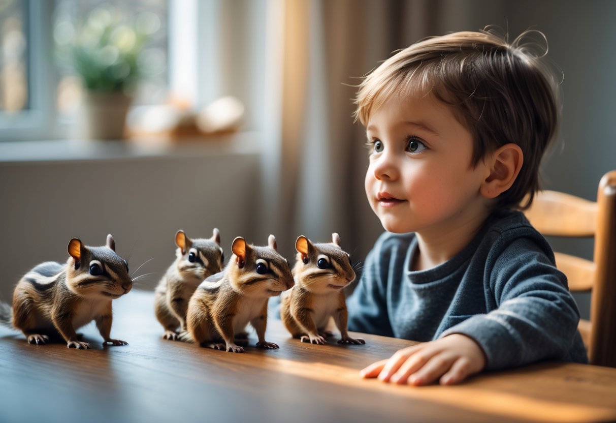A young child sitting at a table looking thoughtfully at several chipmunks nearby.