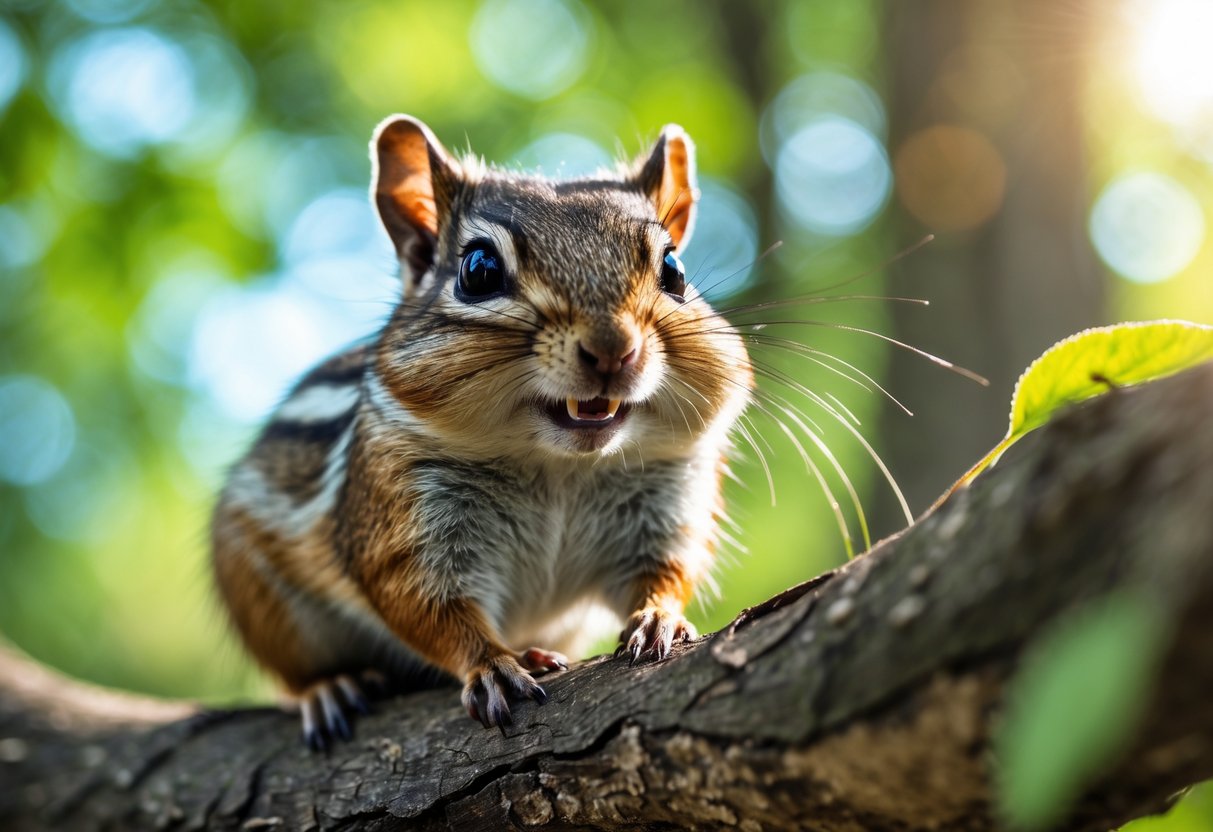 A chipmunk perched on a tree branch in a forest, looking directly ahead with its mouth open as if chirping.