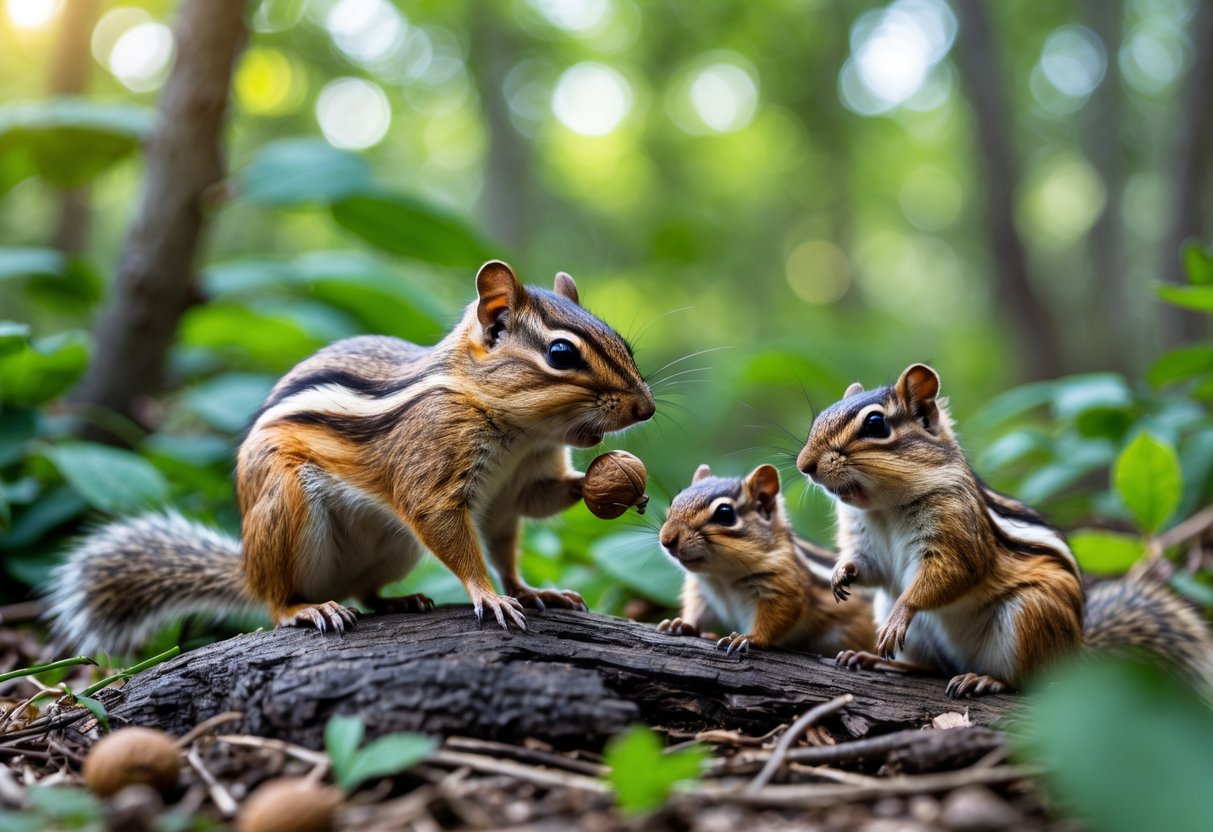 A group of chipmunks of different ages in a forest, with a young chipmunk and an adult chipmunk among green foliage.