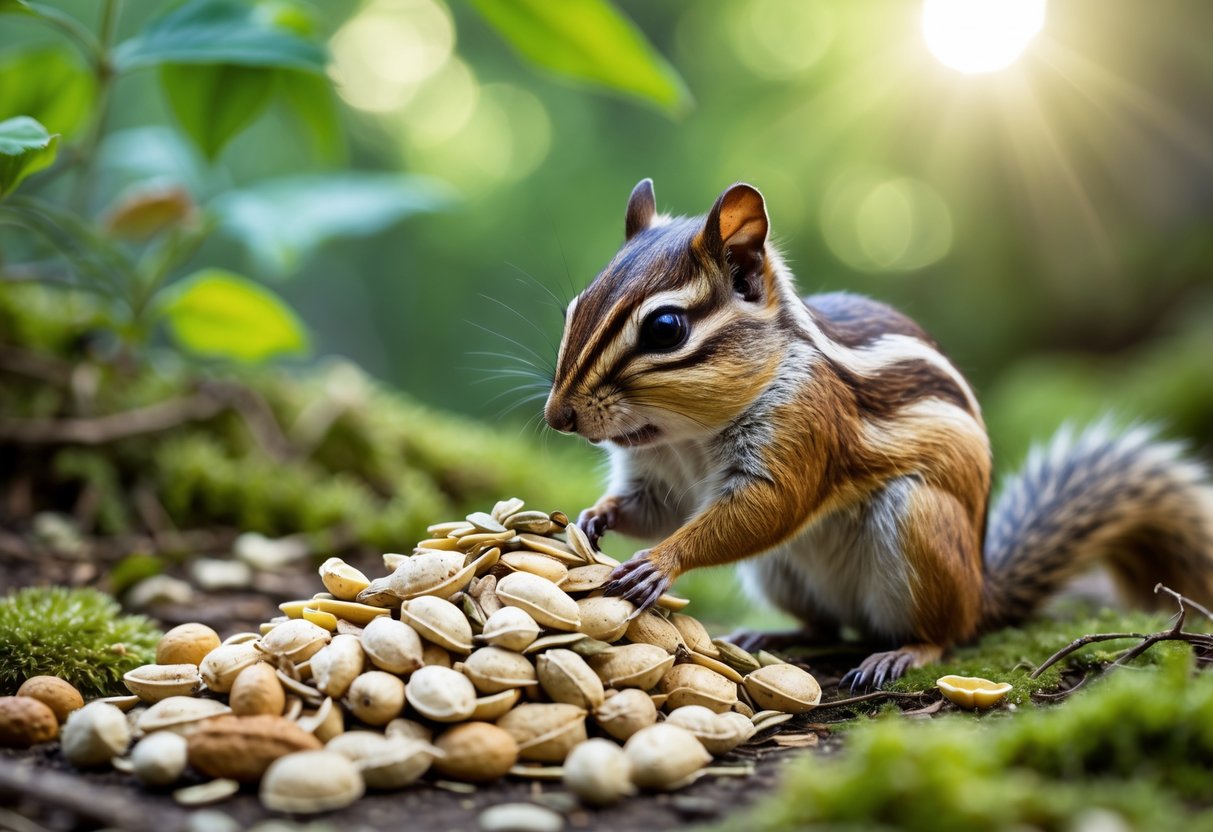 A chipmunk sniffing seeds and berries on a forest floor with green leaves in the background.