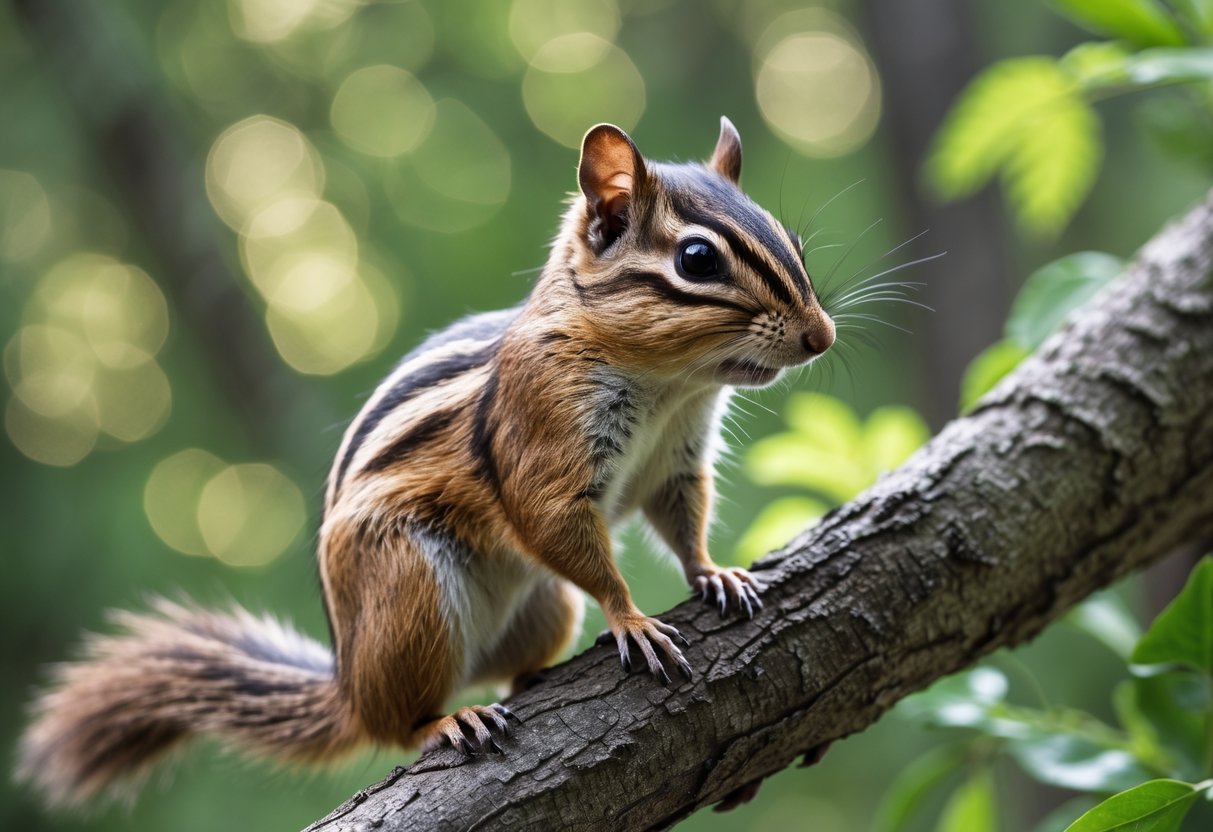 A close-up of a chipmunk standing alert on a tree branch in a forest.