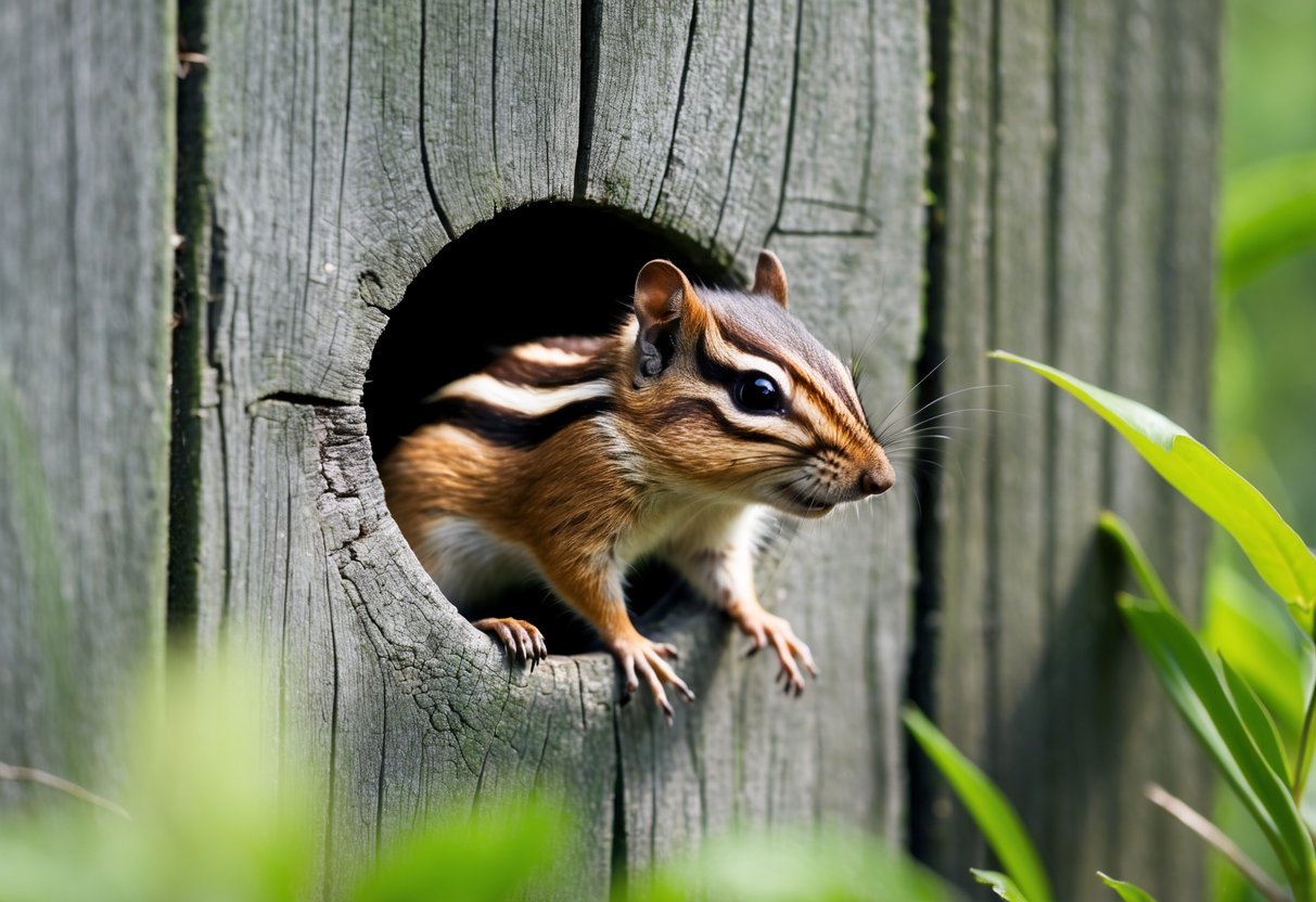 A chipmunk squeezing through a small hole in a wooden fence surrounded by green foliage.