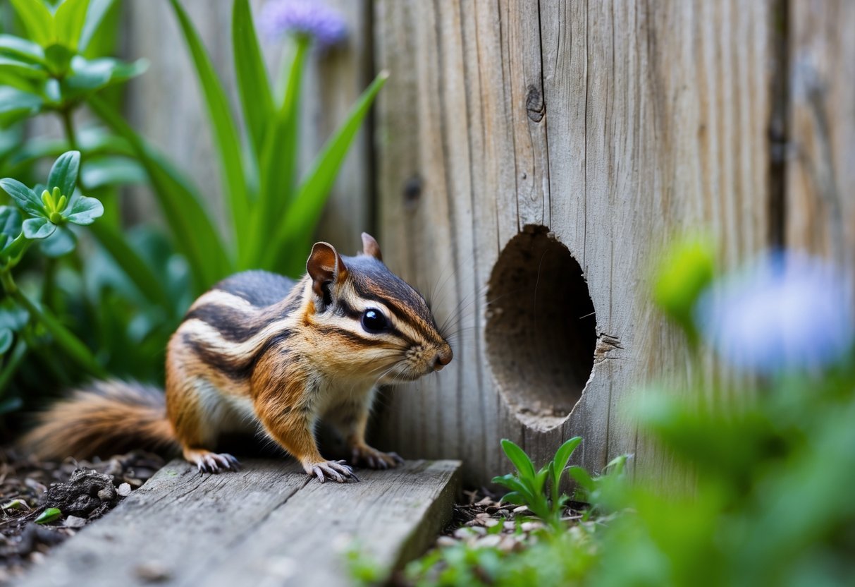 A chipmunk next to a small hole in a wooden fence surrounded by garden plants.