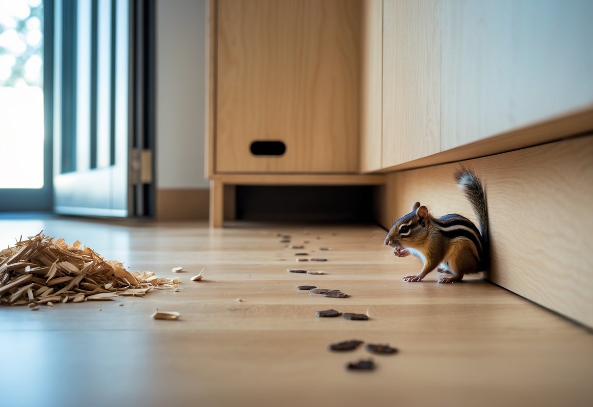 A living room corner showing small wood shavings, a hole in a cabinet, and tiny footprints on the floor suggesting a chipmunk may be inside.