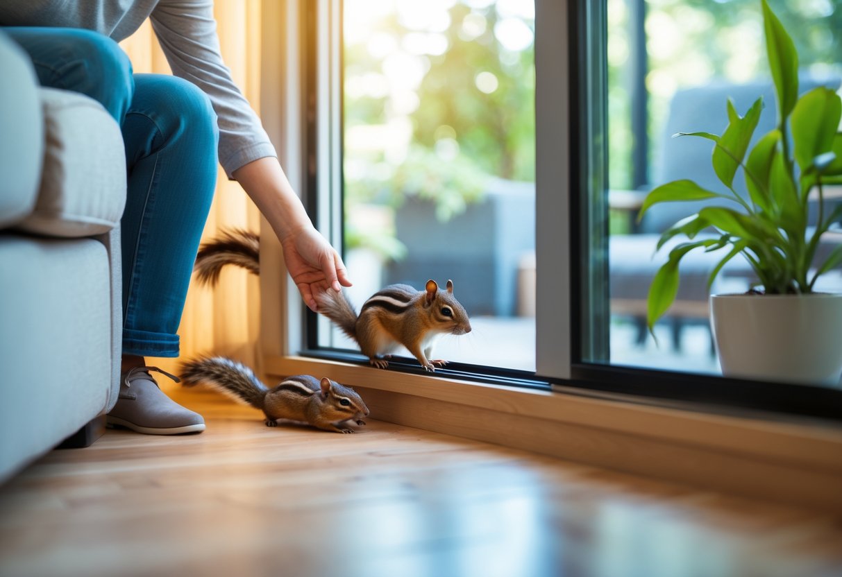 A person gently opening a window in a living room to help a chipmunk outside.