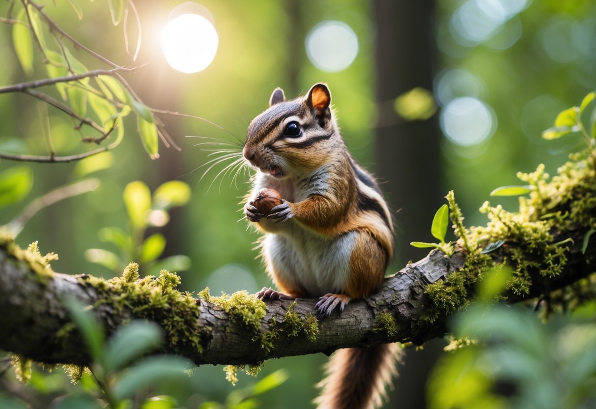 A chipmunk holding a nut on a mossy tree branch in a forest with green leaves and sunlight.