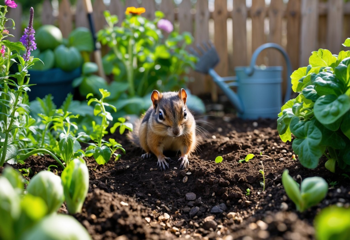 A chipmunk digging in the soil of a garden bed surrounded by plants and flowers.