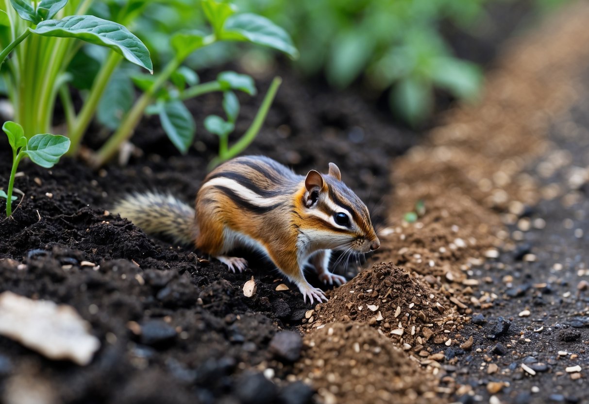 A chipmunk near garden soil scattered with coffee grounds.