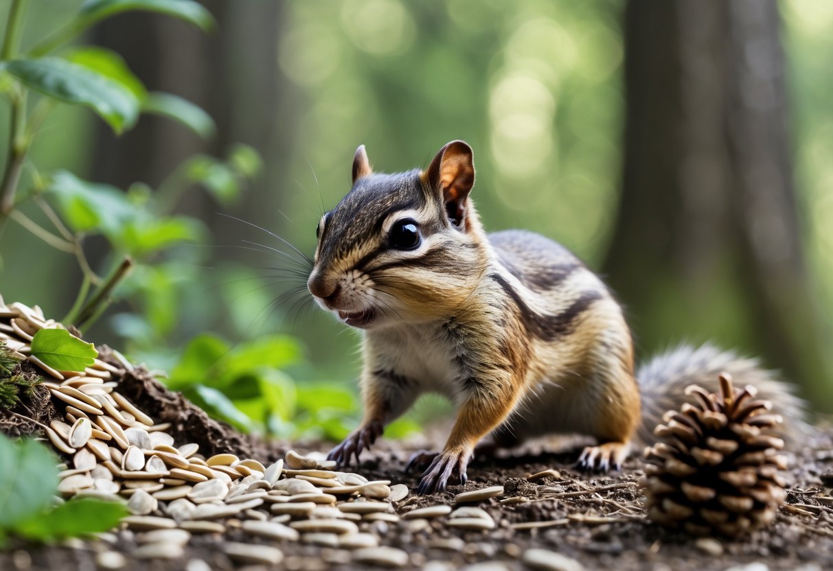 A chipmunk in a forest looking startled and moving away from scattered sunflower seeds and pine cones on the ground.