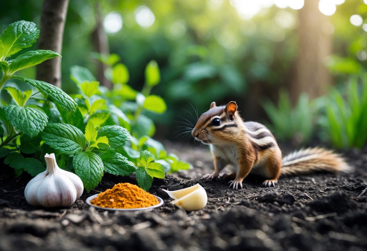 A chipmunk cautiously moving away from natural repellents like mint leaves, garlic, and cayenne pepper in a garden setting.