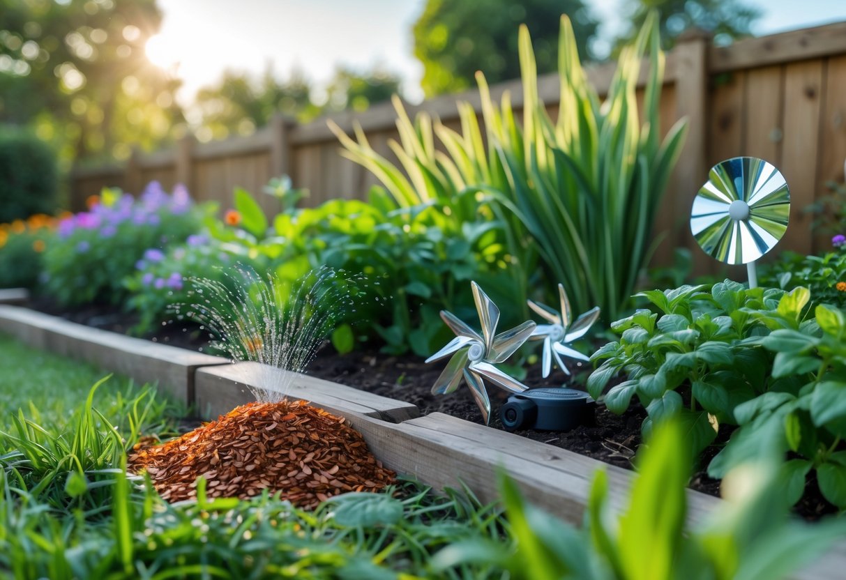 A garden with plants, a wooden fence, crushed red pepper flakes, a motion-activated sprinkler, and reflective pinwheels used to deter chipmunks.