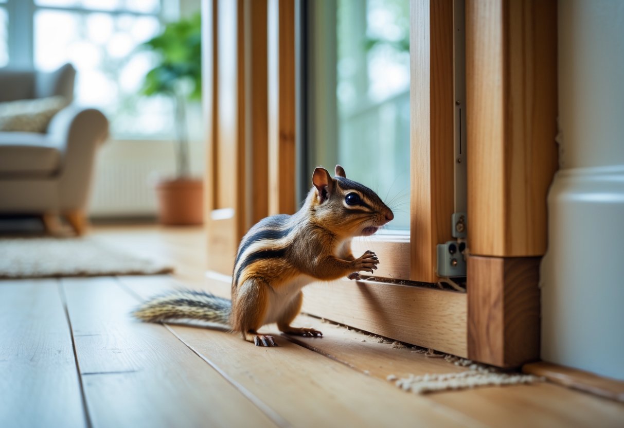 A chipmunk inside a house near a wooden window frame, nibbling on wood with a living room in the background.