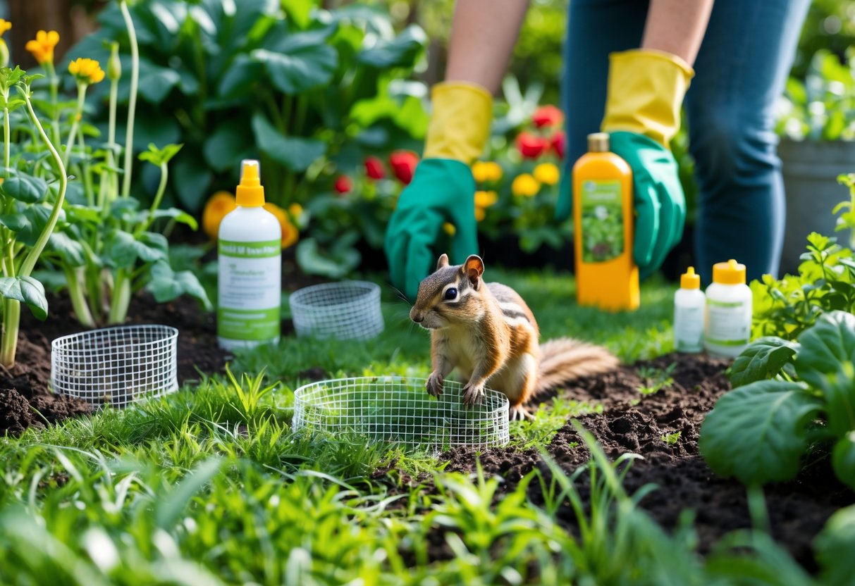 A person in a garden placing humane deterrents near plants while a chipmunk is nearby among shrubs.
