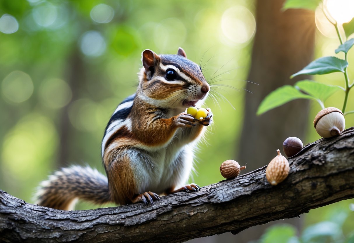 A chipmunk sitting on a tree branch eating acorns and seeds in a forest.