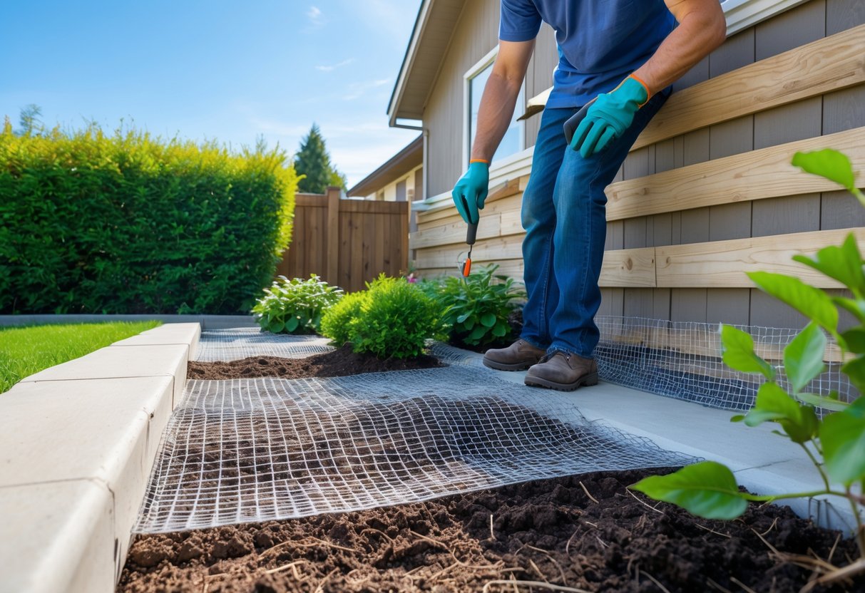 A homeowner inspecting chipmunk-proofing measures around a house, including wire mesh on a fence and garden bed.