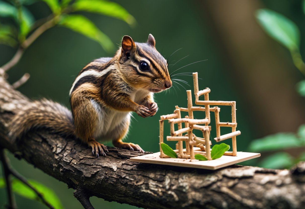 A chipmunk on a tree branch looking at a small natural puzzle made of twigs and leaves in a forest.
