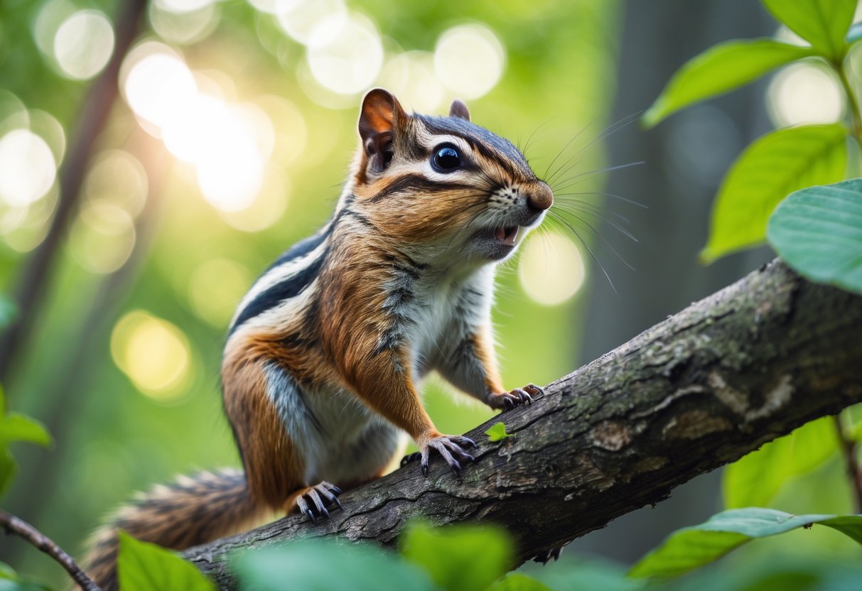 A chipmunk sitting on a tree branch in a forest, appearing to make a chirping sound.