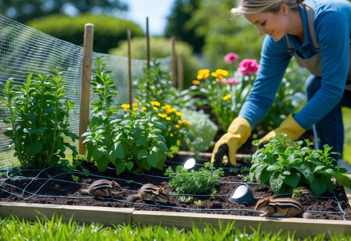 A garden with plants protected by wire mesh fencing and a person placing natural deterrents to keep chipmunks away.