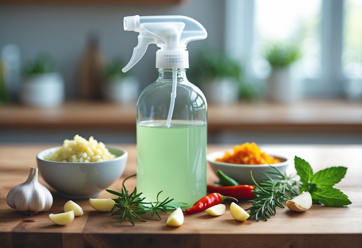 A spray bottle with green liquid and natural ingredients like garlic, chili peppers, and herbs on a kitchen countertop.